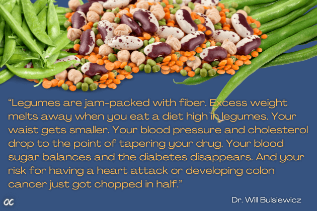 Dr. Will Bulsiewicz quote. Fiber fuelled book quote. Legumes redue blood pressure and cholesterol, and blood glucose issues